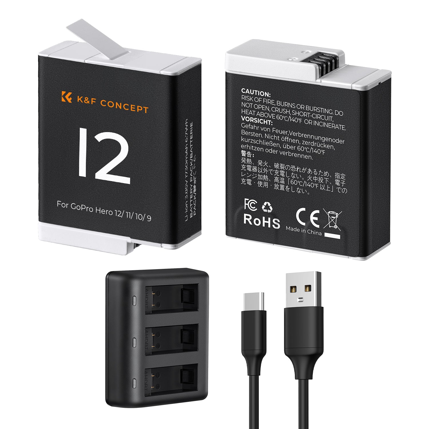 KF GoPro 9/10/11/12 sports camera battery 1730mAh, dual battery three slot LED display charger set, K&F CONCEPT KF GoPro 9/10/11/12 sports camera battery 1730mAh, dual battery three slot LED display charger set, K&F CONCEPT